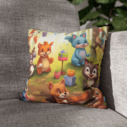 Nursery Art - Cartoon Forest Animals Party Design Spun Polyester Square Pillow Case