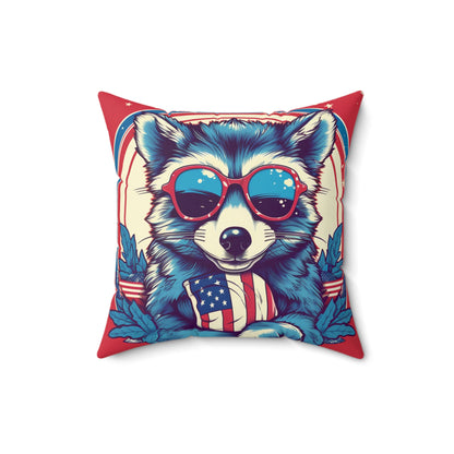 4th of July Stylish Raccoon USA American Graphic Spun Polyester Square Pillow