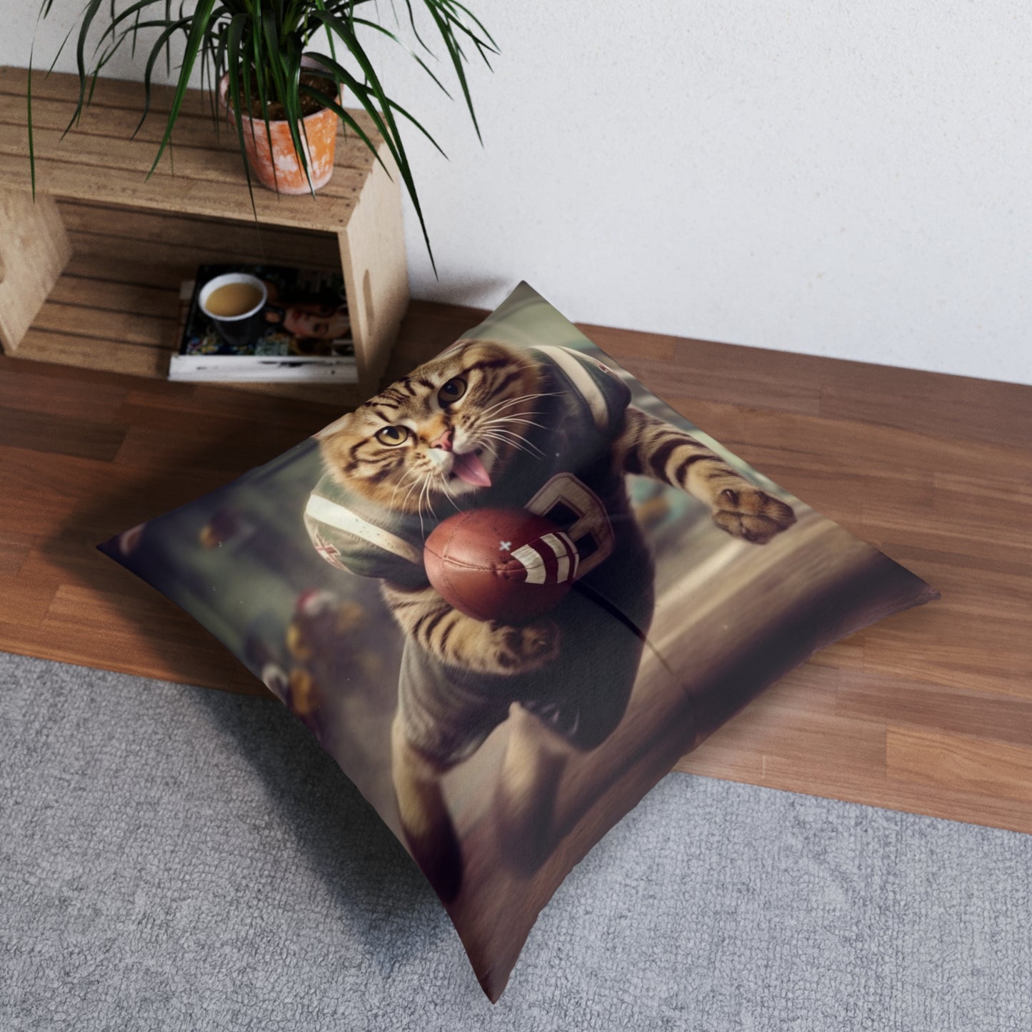 Football Field Felines: Kitty Cats in Sport Tackling Scoring Game Position - Tufted Floor Pillow, Square