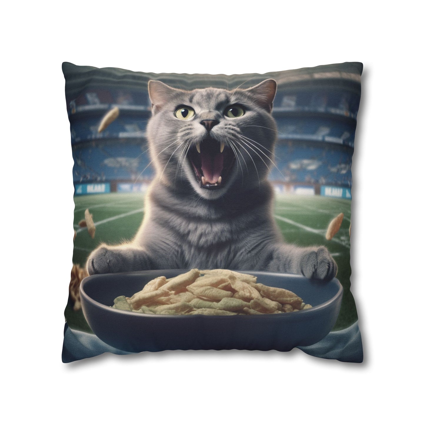 Halftime Football Feline: Screaming Sports Fan Cat Stadium Food Kitten - Spun Polyester Square Pillow Case