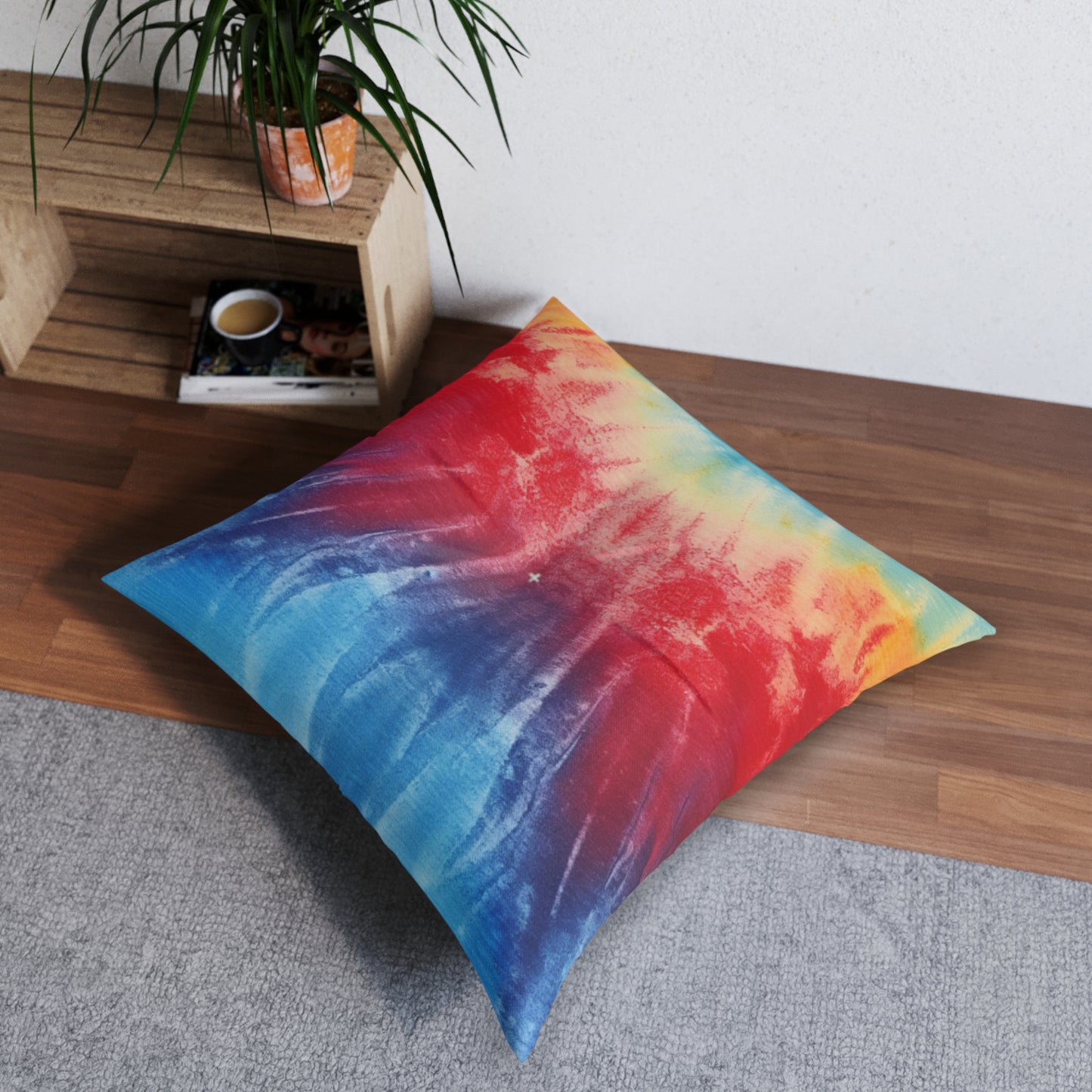 Rainbow Tie-Dye Denim: Vibrant Multi-Color, Fabric Design Spectacle - Tufted Floor Pillow, Square