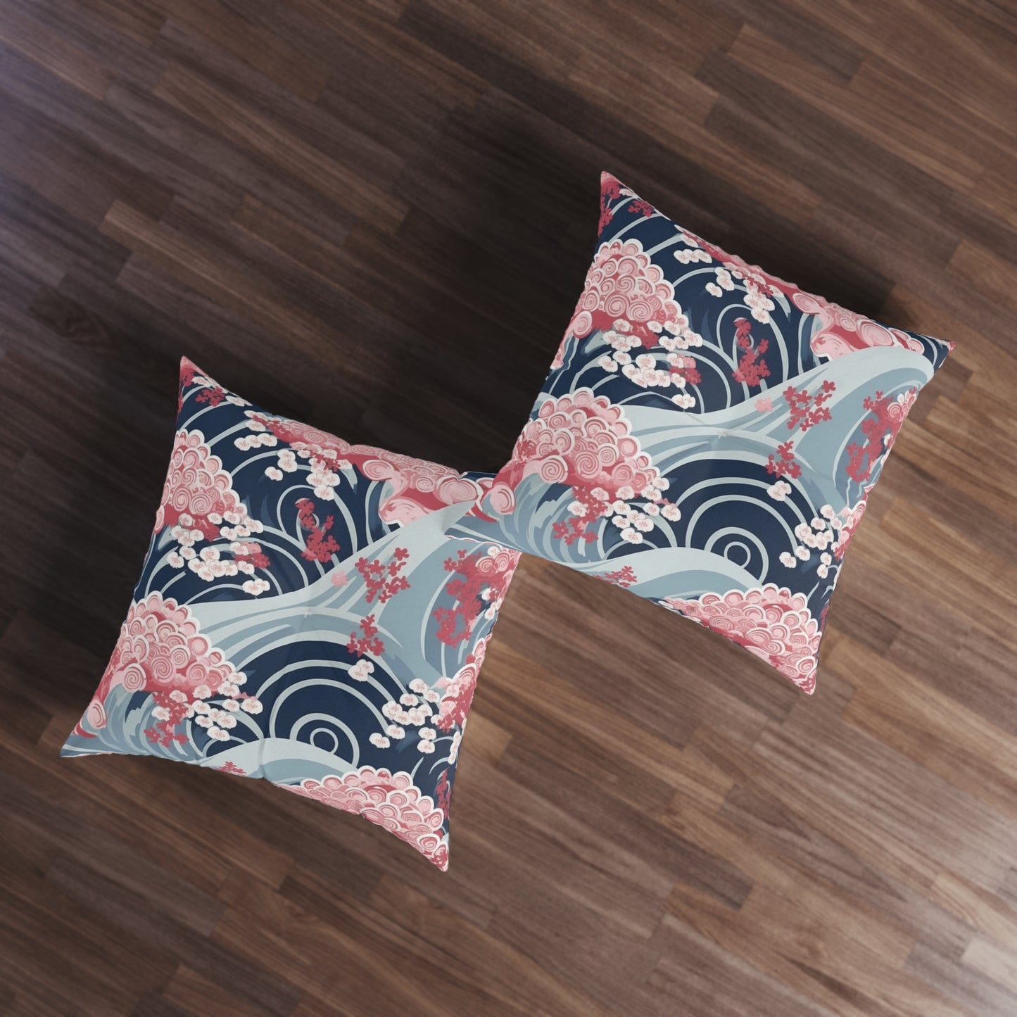 Japanese Minimalist Waves & Cherry Blossoms Pattern Tufted Floor Pillow, Square