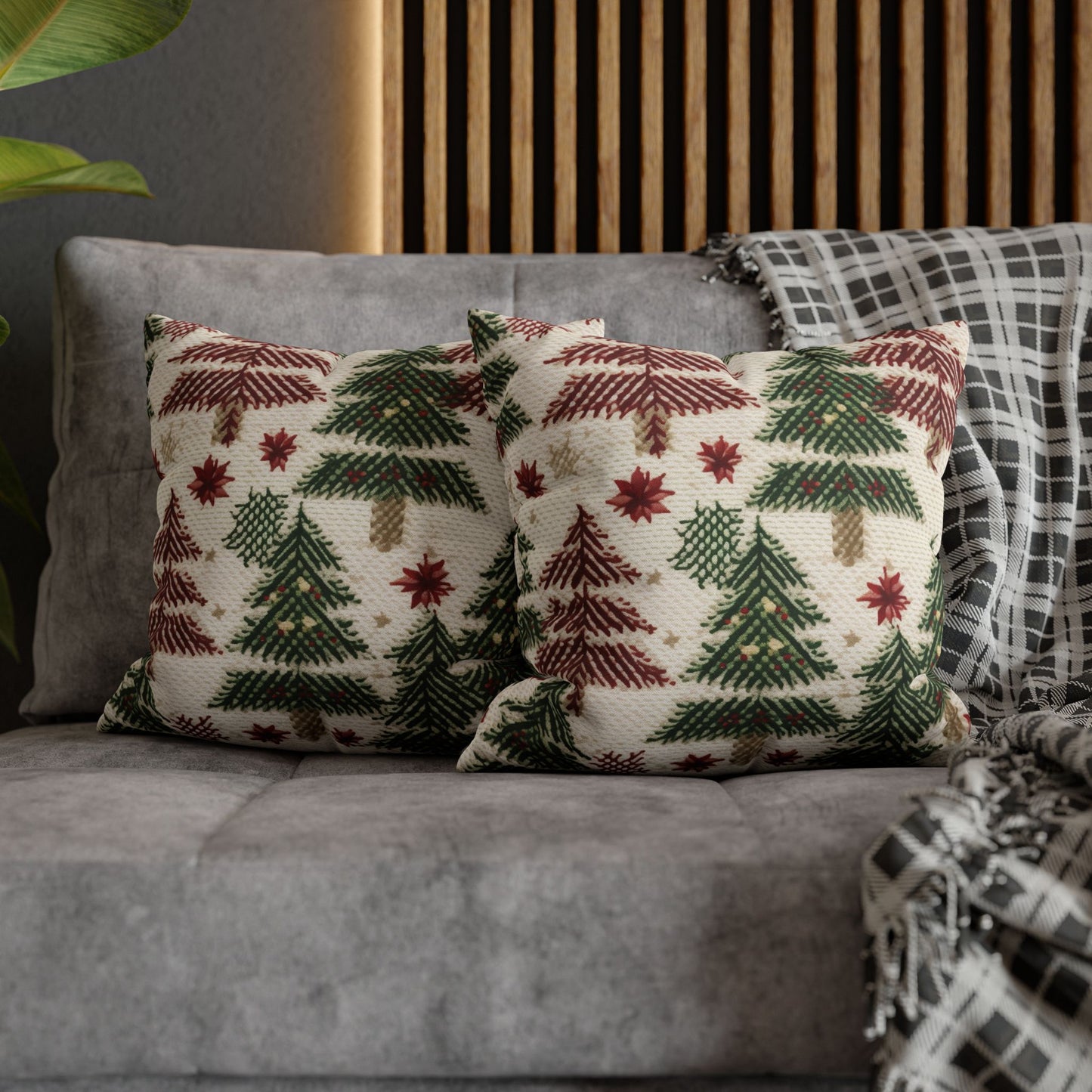 Embroidered Christmas Winter, Festive Holiday Stitching, Classic Seasonal Design - Spun Polyester Square Pillow Case