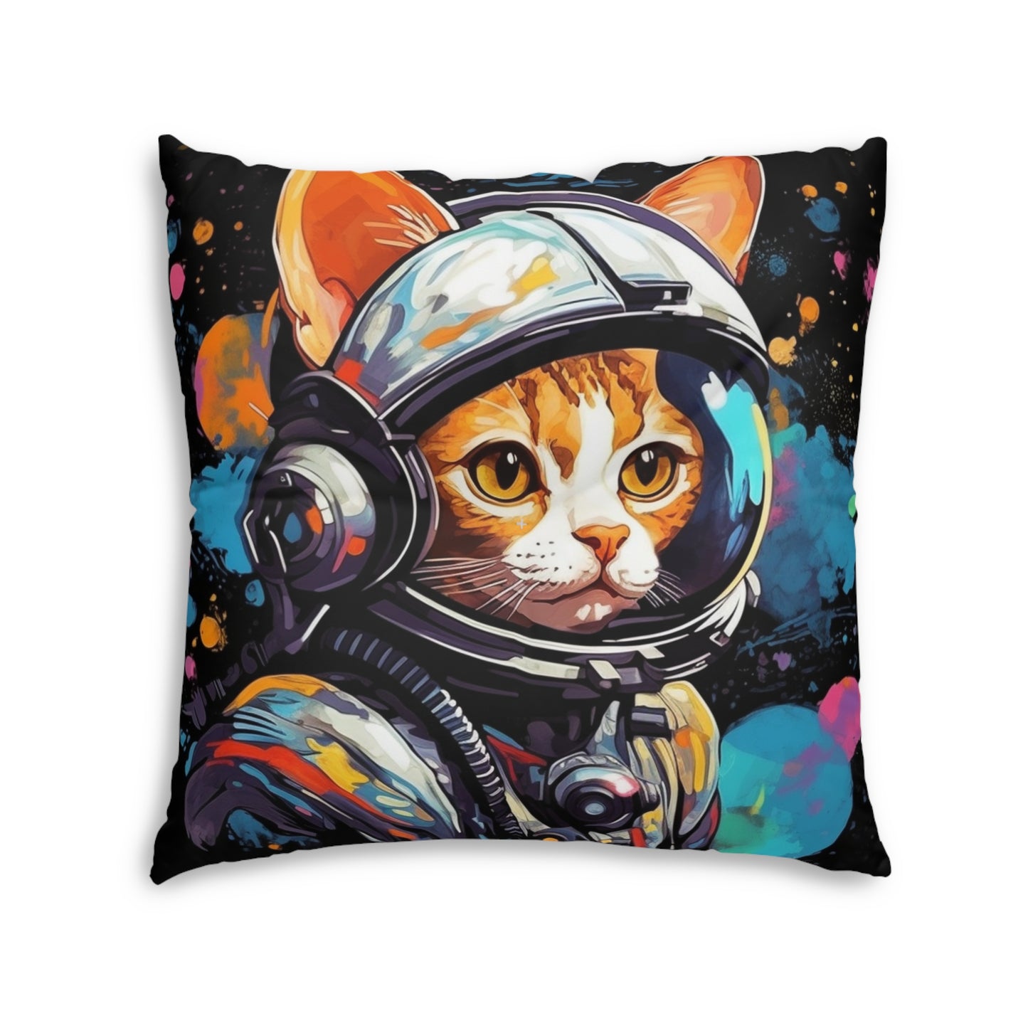 Astro Cat Adventure Feline - Pop Art, Floating in Cosmic Space - Tufted Floor Pillow, Square