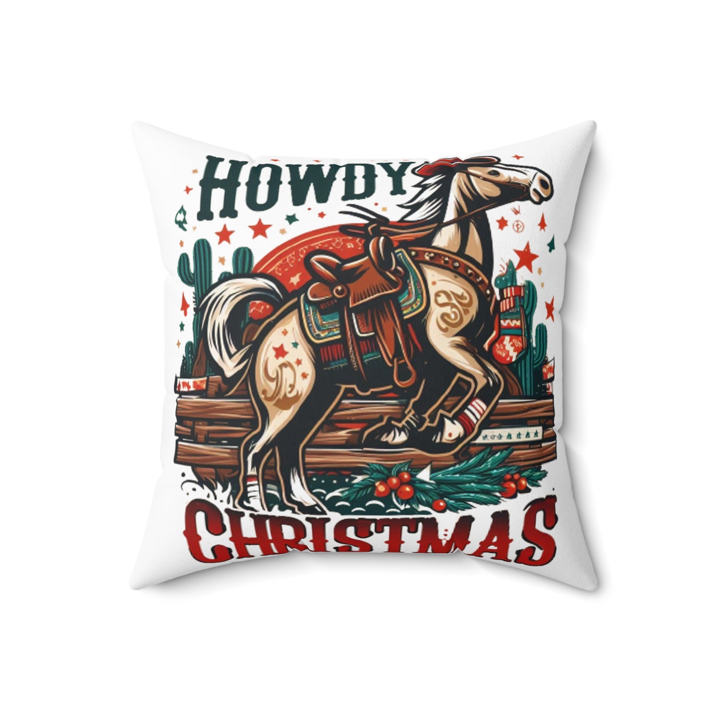 Desert Holiday Charm - Western Howdy Christmas with Festive Cactus and Galloping Horse - Spun Polyester Square Pillow