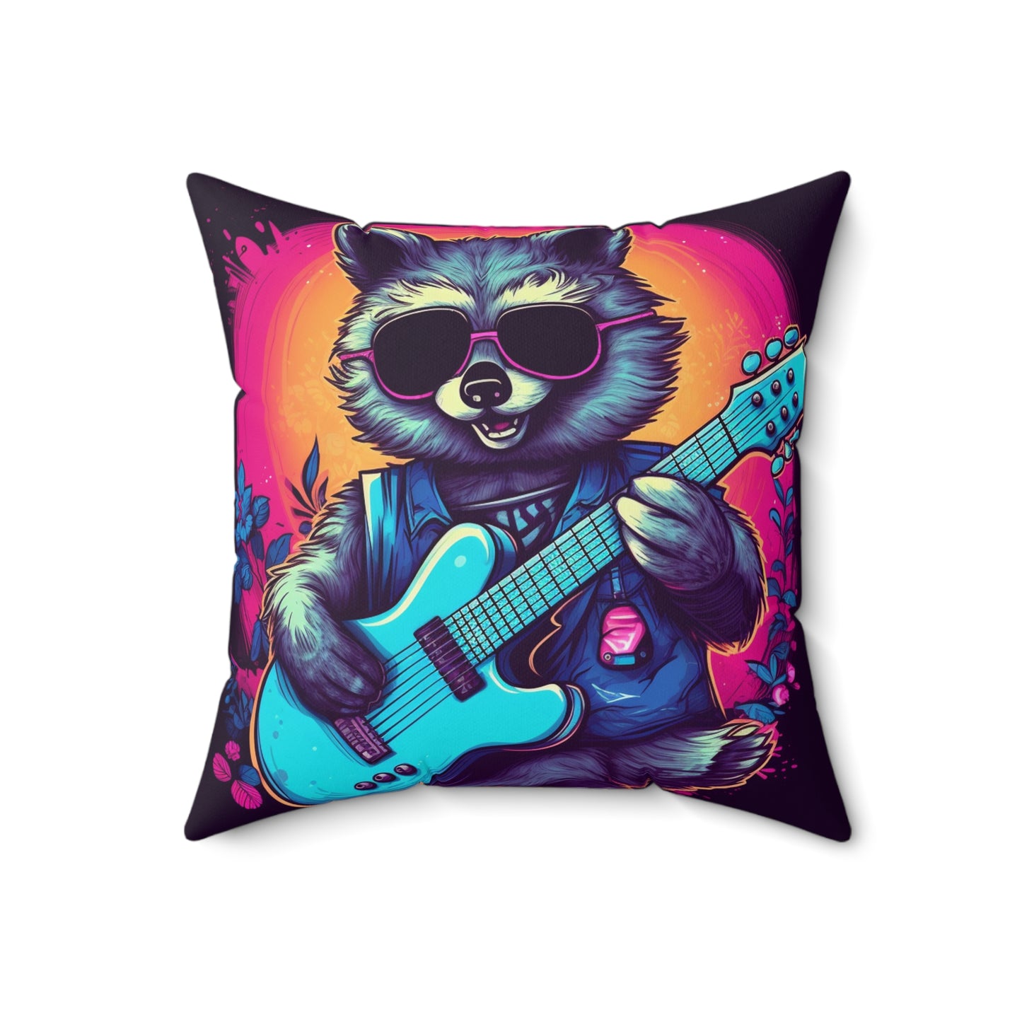 Raccoon Musician Art - Rock Star Guitarist Furry Animal Spun Polyester Square Pillow