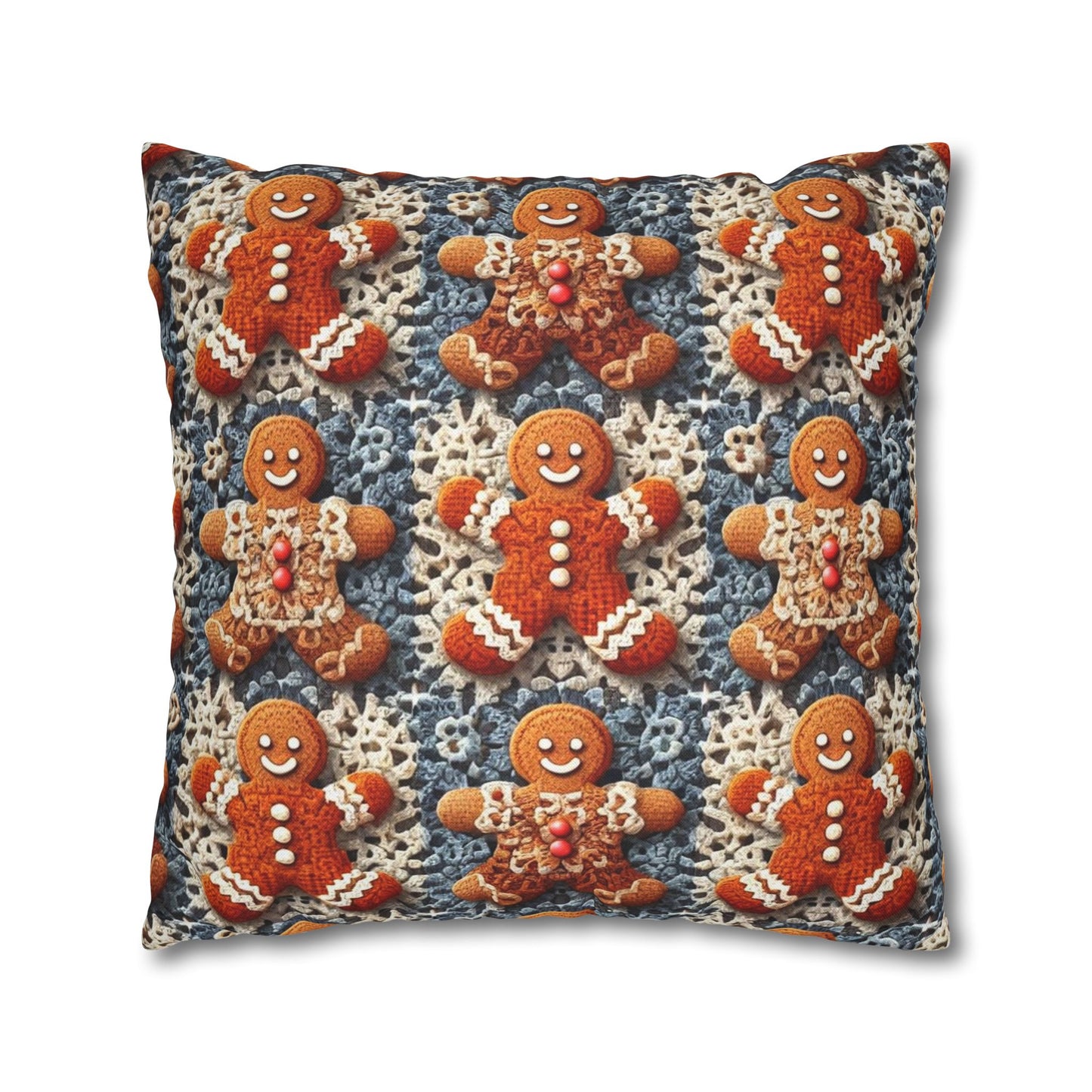 Gingerbread Joy: Whimsical Crocheted Gingerbread Men Pattern with Festive Christmas Accents - Spun Polyester Square Pillow Case