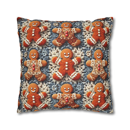 Gingerbread Joy: Whimsical Crocheted Gingerbread Men Pattern with Festive Christmas Accents - Spun Polyester Square Pillow Case