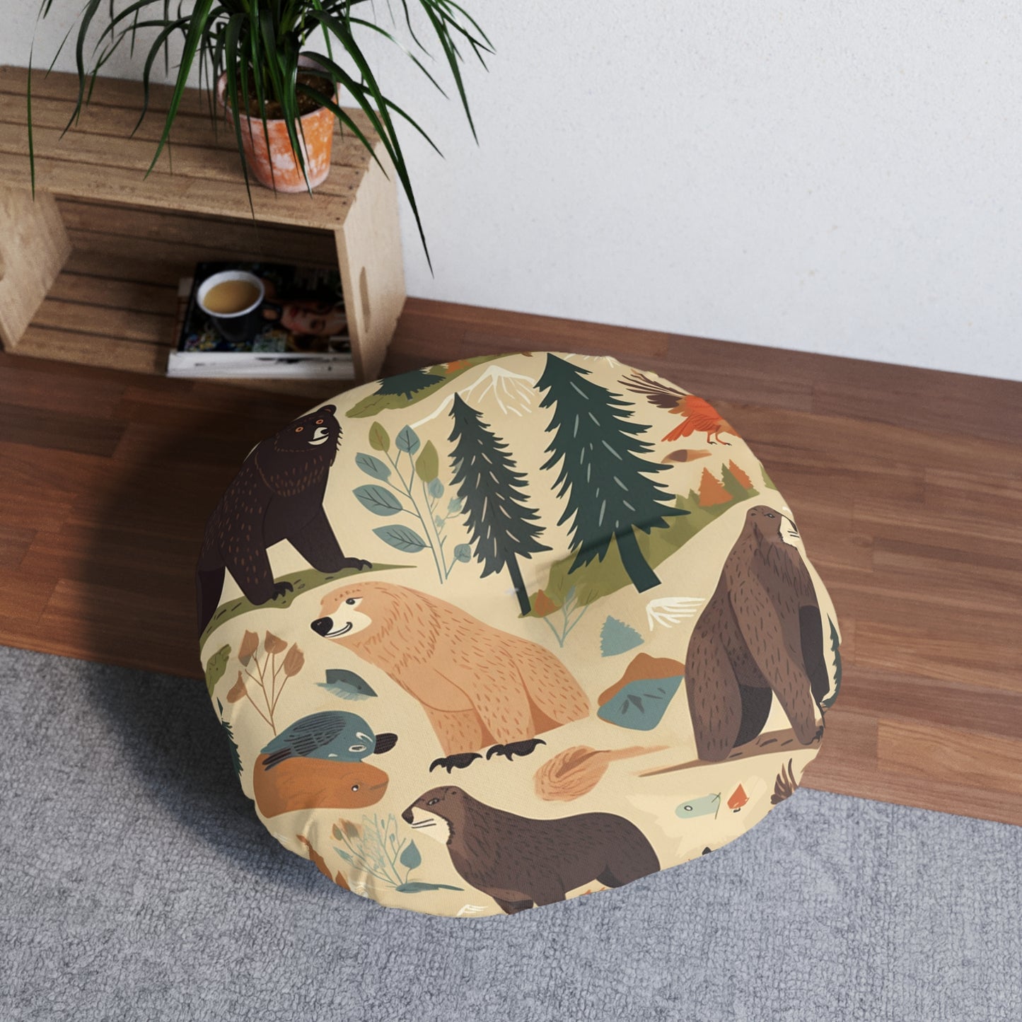 U.S. Wilderness Inspired: Grizzly Bears, Animals Pattern Tufted Floor Pillow, Round