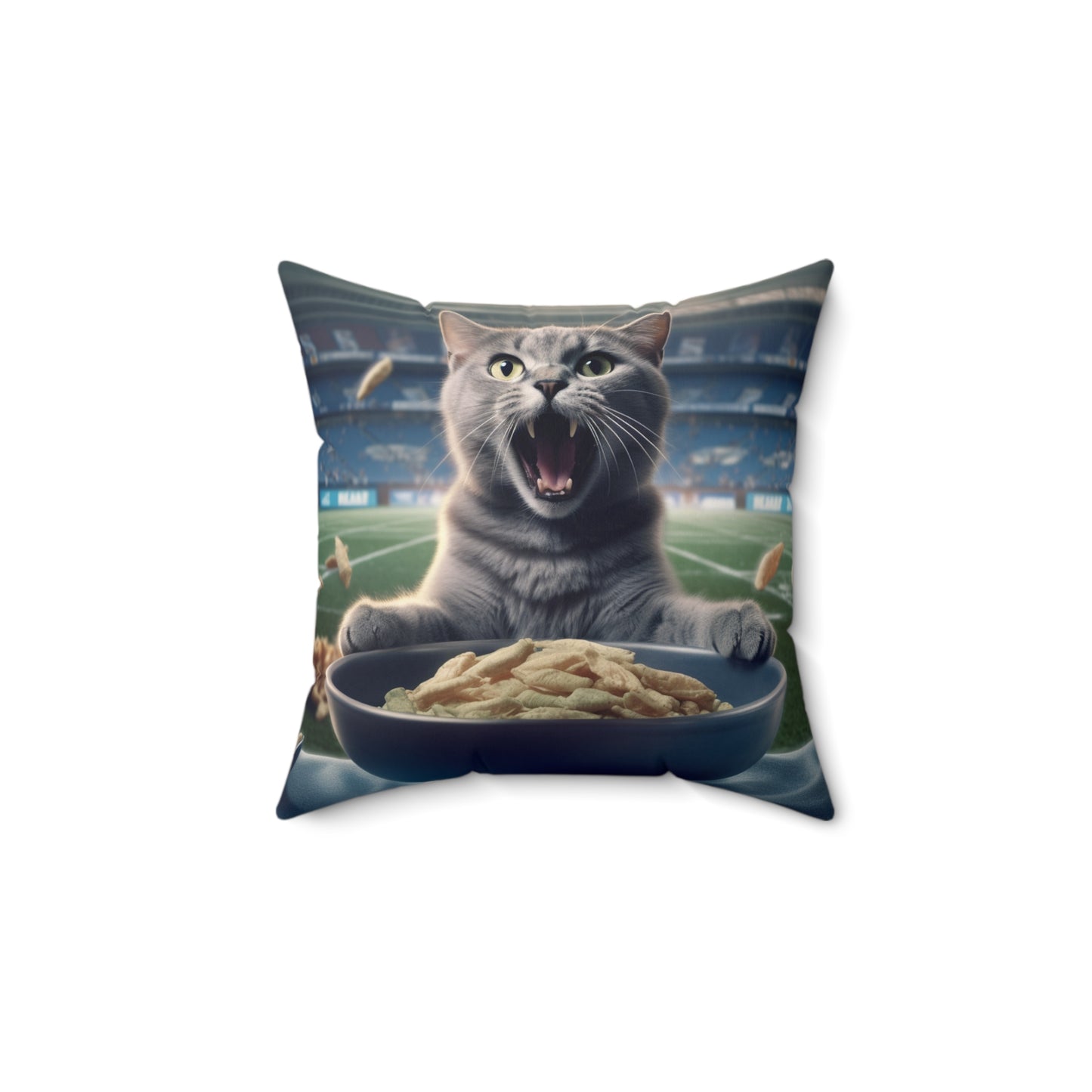 Halftime Football Feline: Screaming Sports Fan Cat Stadium Food Kitten - Spun Polyester Square Pillow