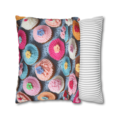 Crochet Cupcake Treat Frosted Cake Dessert Bakery Design - Spun Polyester Square Pillow Case