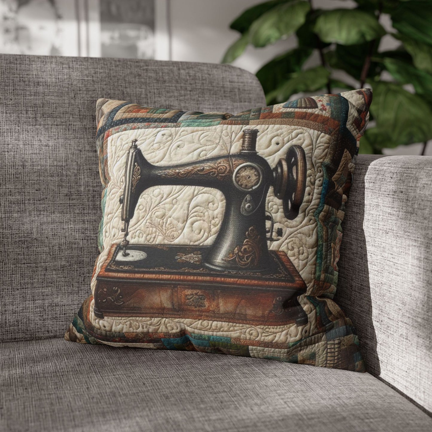 Quilted Sewing Machine, Tailor Craft Patchwork, Heirloom Textile Art - Spun Polyester Square Pillow Case