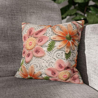 Floral Embroidered Eyelet: Delicate Flower Elegant Pattern - Spun Polyester Square Pillow Case