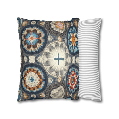 Bohemian Crochet Mandala with Centered Christian Cross - Earthy Tones Mosaic - Spun Polyester Square Pillow Case