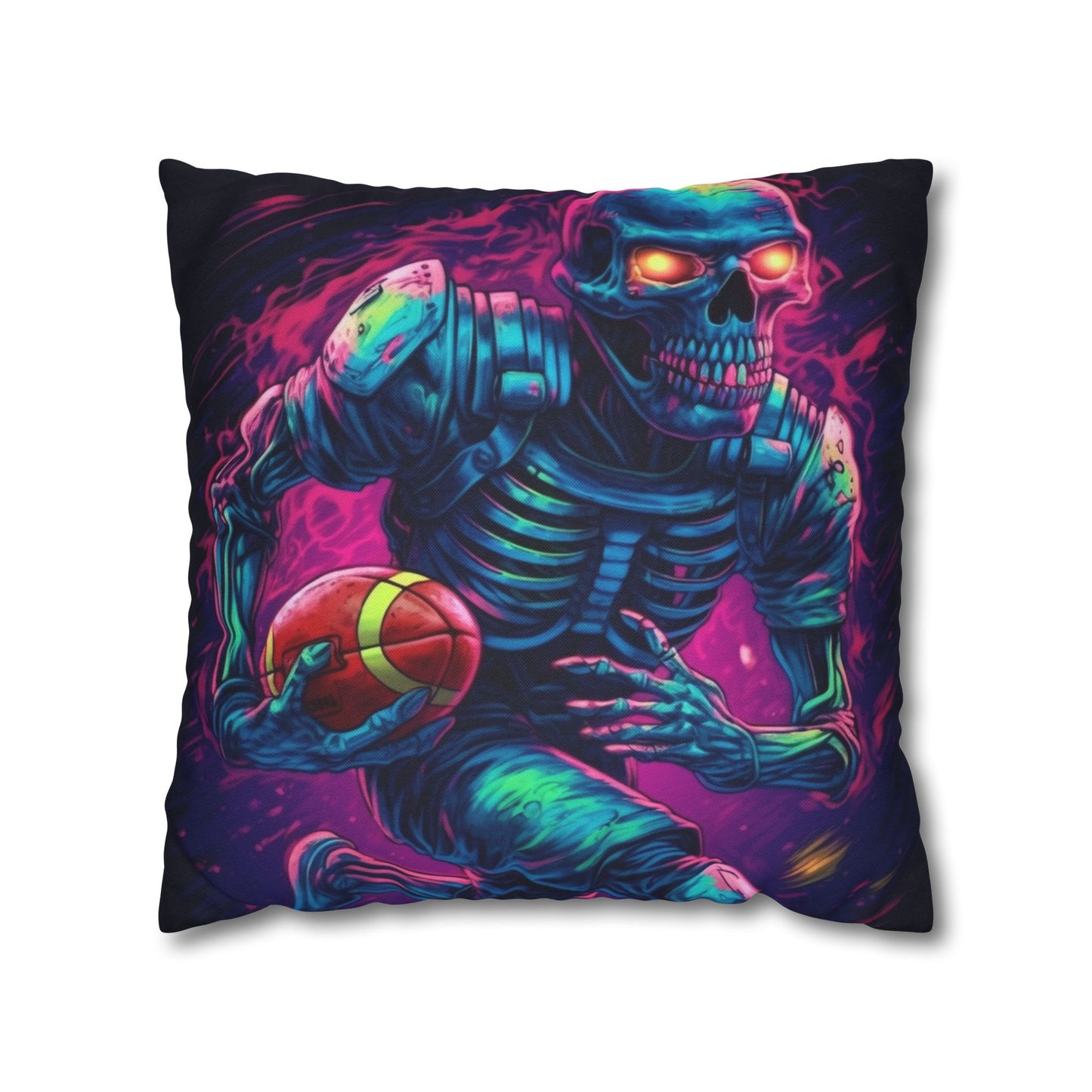 Spooky Football Game: Fantasy Skeleton Athlete Running with Ball, Sporty Halloween - Spun Polyester Square Pillow Case