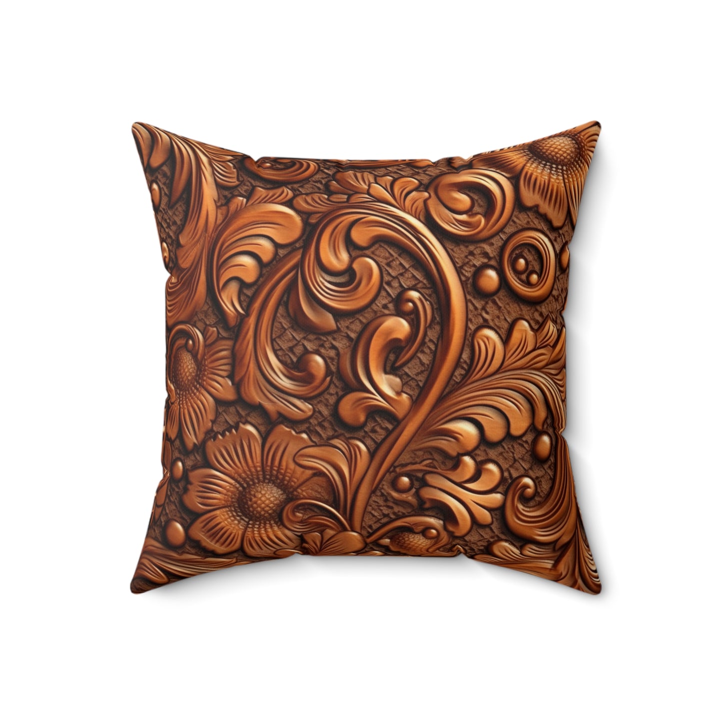 Leather Flower Cognac Classic Brown Timeless American Cowboy Design - Spun Polyester Square Pillow