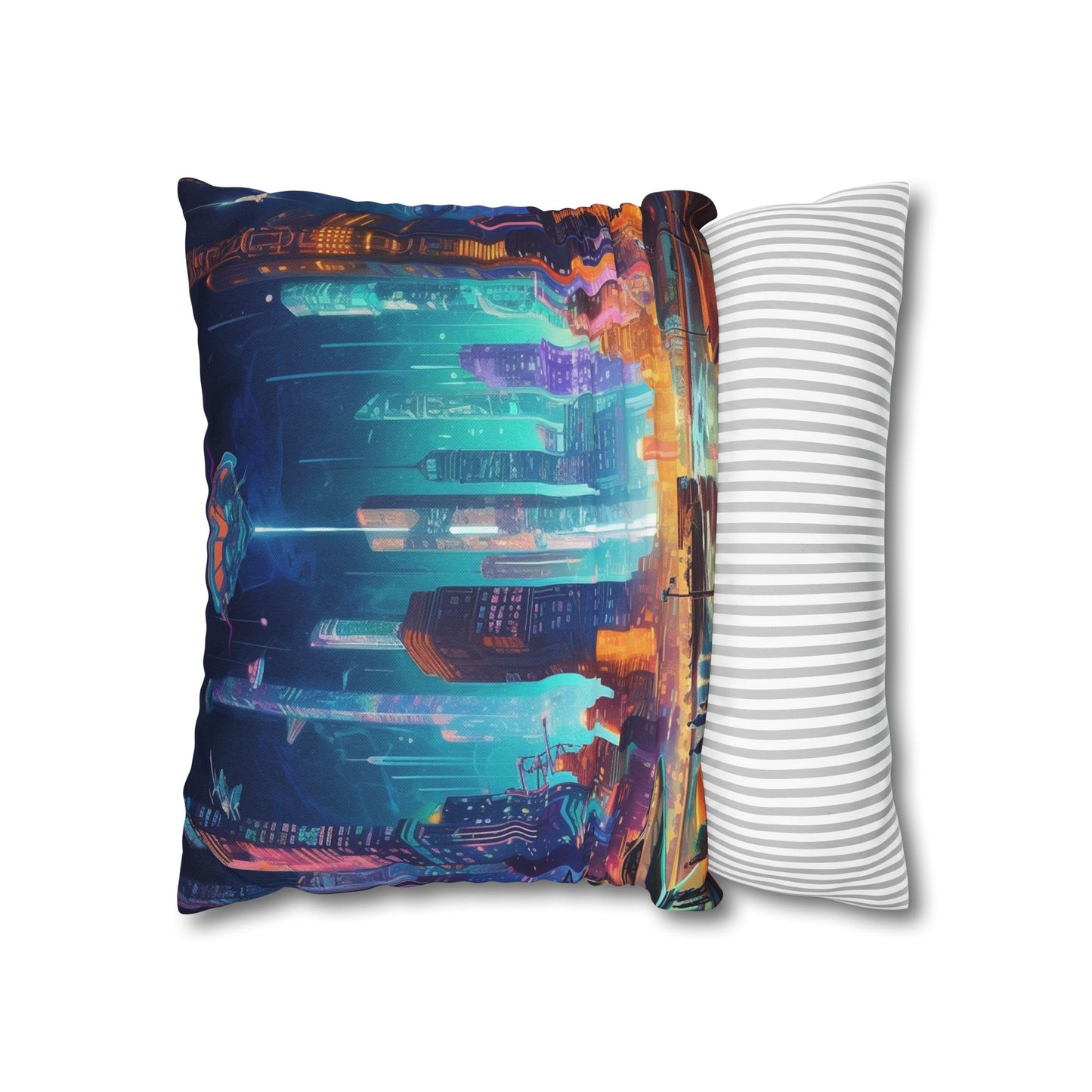 Futuristic Neon Cyberpunk Cityscape Art Design Spun Polyester Square Pillow Case