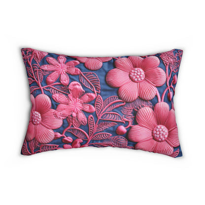 Denim Blue Doll Pink Floral Embroidery Style Fabric Flowers - Spun Polyester Lumbar Pillow