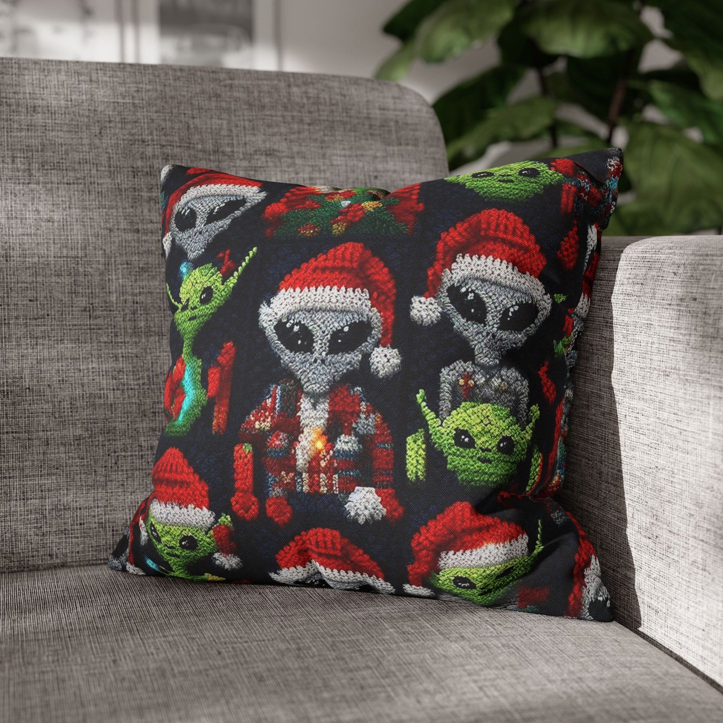 Festive Alien Invasion: Intergalactic Christmas Holiday Cheer with Santa Hats and Seasonal Gifts Crochet Pattern - Spun Polyester Square Pillow Case