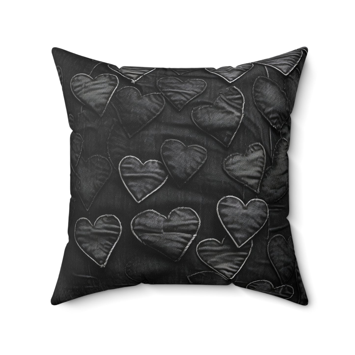 Black: Distressed Denim-Inspired Fabric Heart Embroidery Design - Spun Polyester Square Pillow