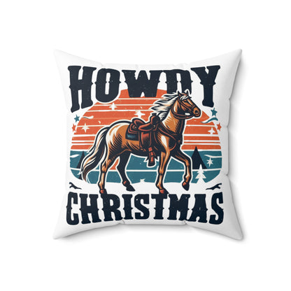 Retro Western Christmas - Howdy Christmas with Patriotic Horse and Star Banner - Spun Polyester Square Pillow