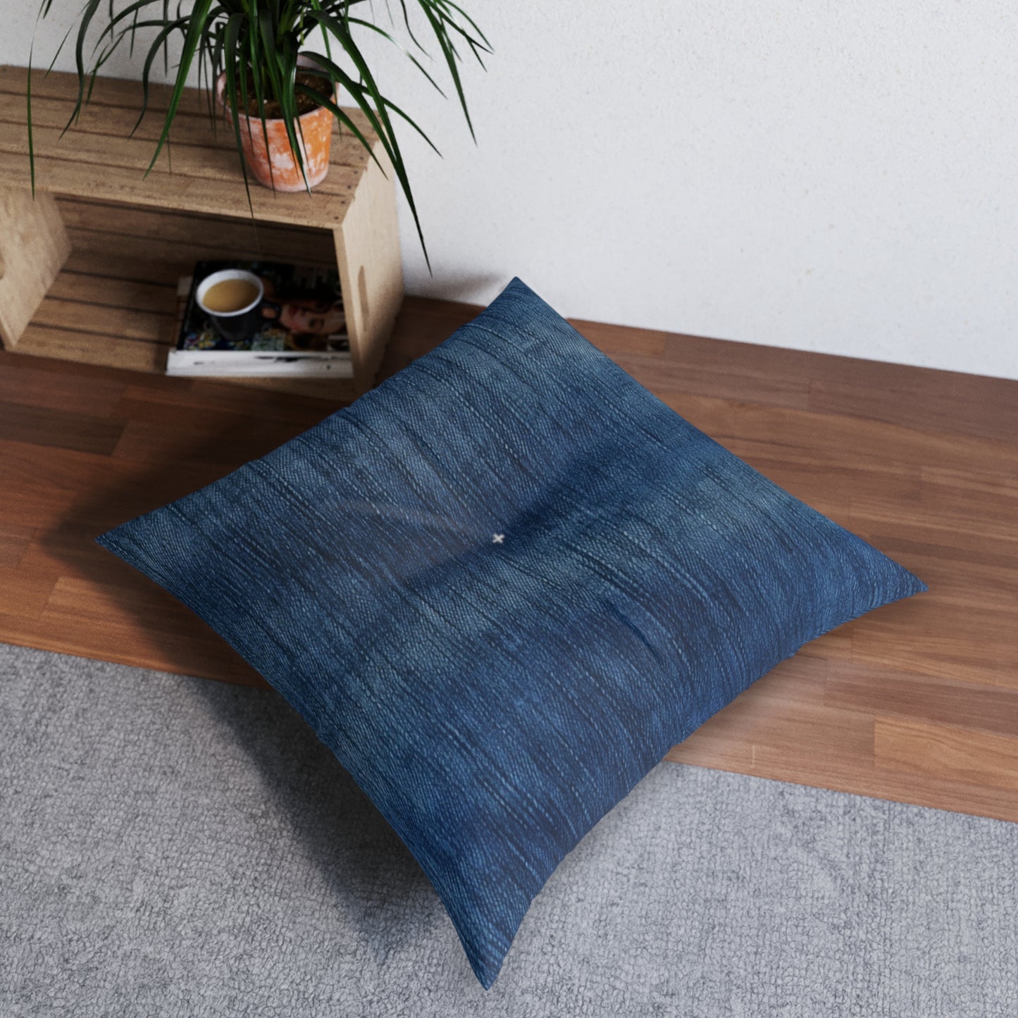 Indigo Splash: Washed Denim Reverie in Deep Blue - Tufted Floor Pillow, Square