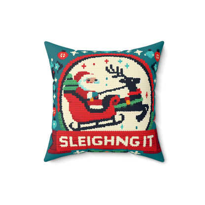 Santa & Reindeer Cross-Stitch Style - 'Sleighing It' Christmas - Festive Holiday - Spun Polyester Square Pillow