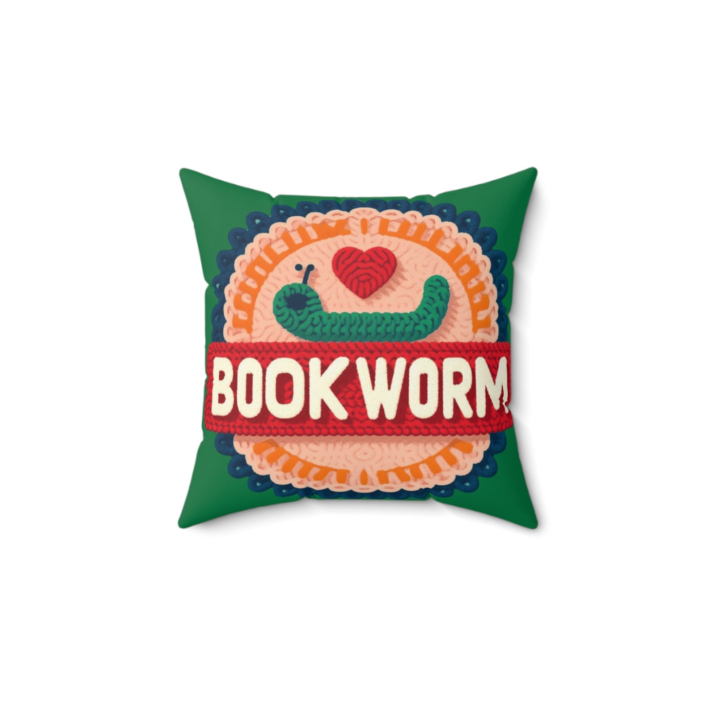 Crochet Bookworm Illustration: Cozy Reader Embroidered Patch Design - Ideal for Bibliophile - Spun Polyester Square Pillow