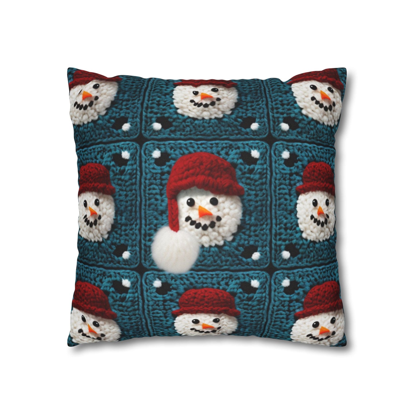 Snowman Crochet Craft, Festive Yuletide Cheer, Winter Wonderland - Spun Polyester Square Pillow Case