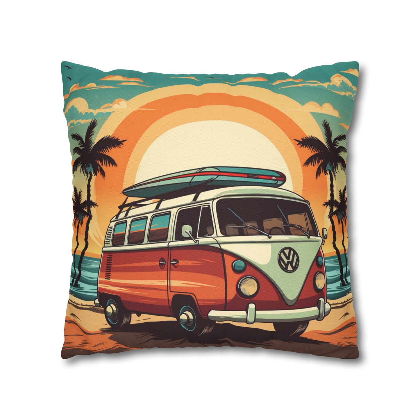 Retro Beach Camper Van - Sunset Surfboard Scene Spun Polyester Square Pillow Case