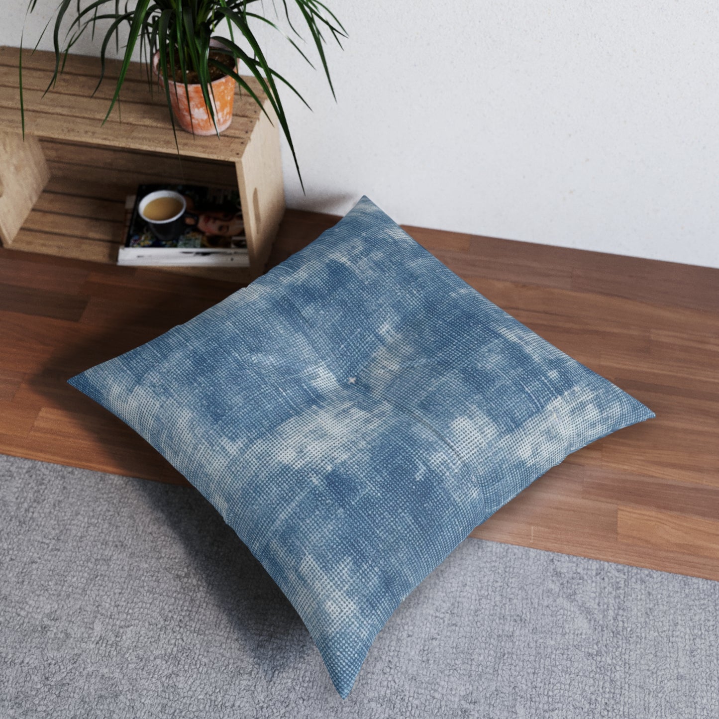 Faded Blue Washed-Out: Denim-Inspired, Style Fabric - Tufted Floor Pillow, Square