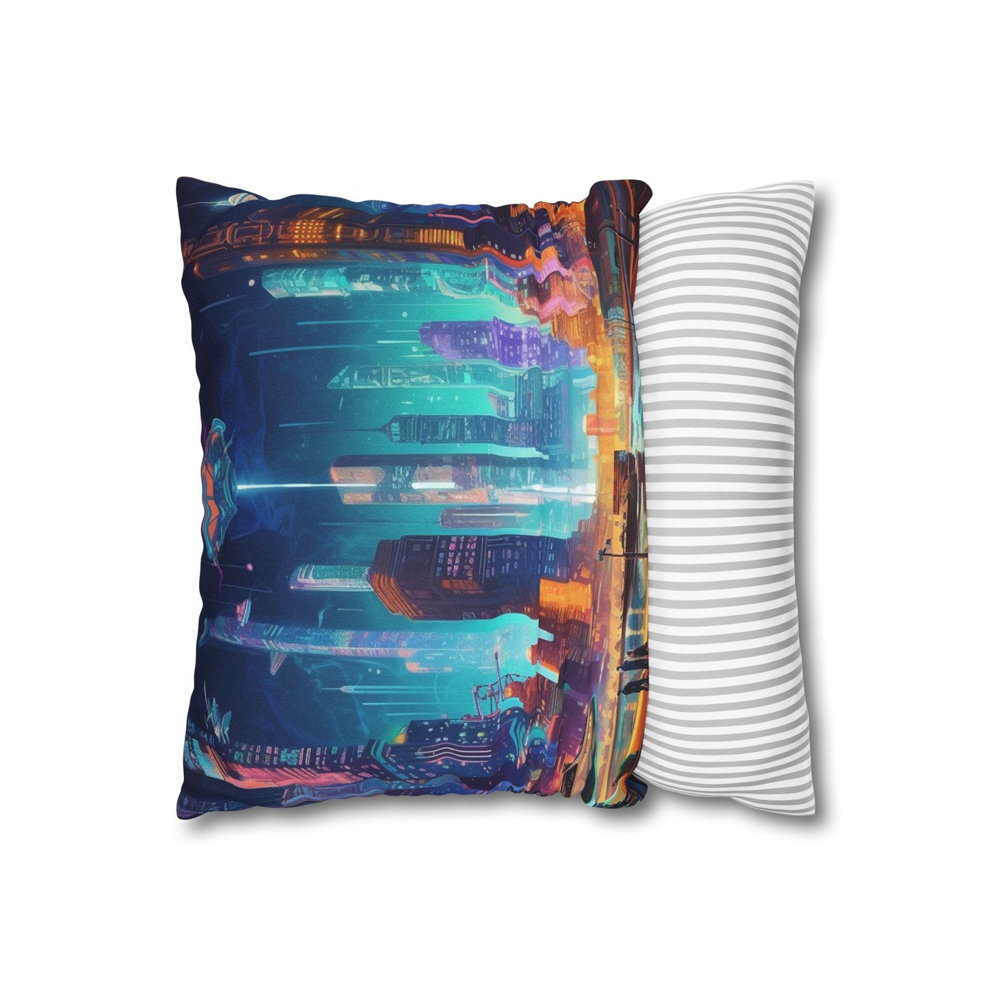 Futuristic Neon Cyberpunk Cityscape Art Design Spun Polyester Square Pillow Case