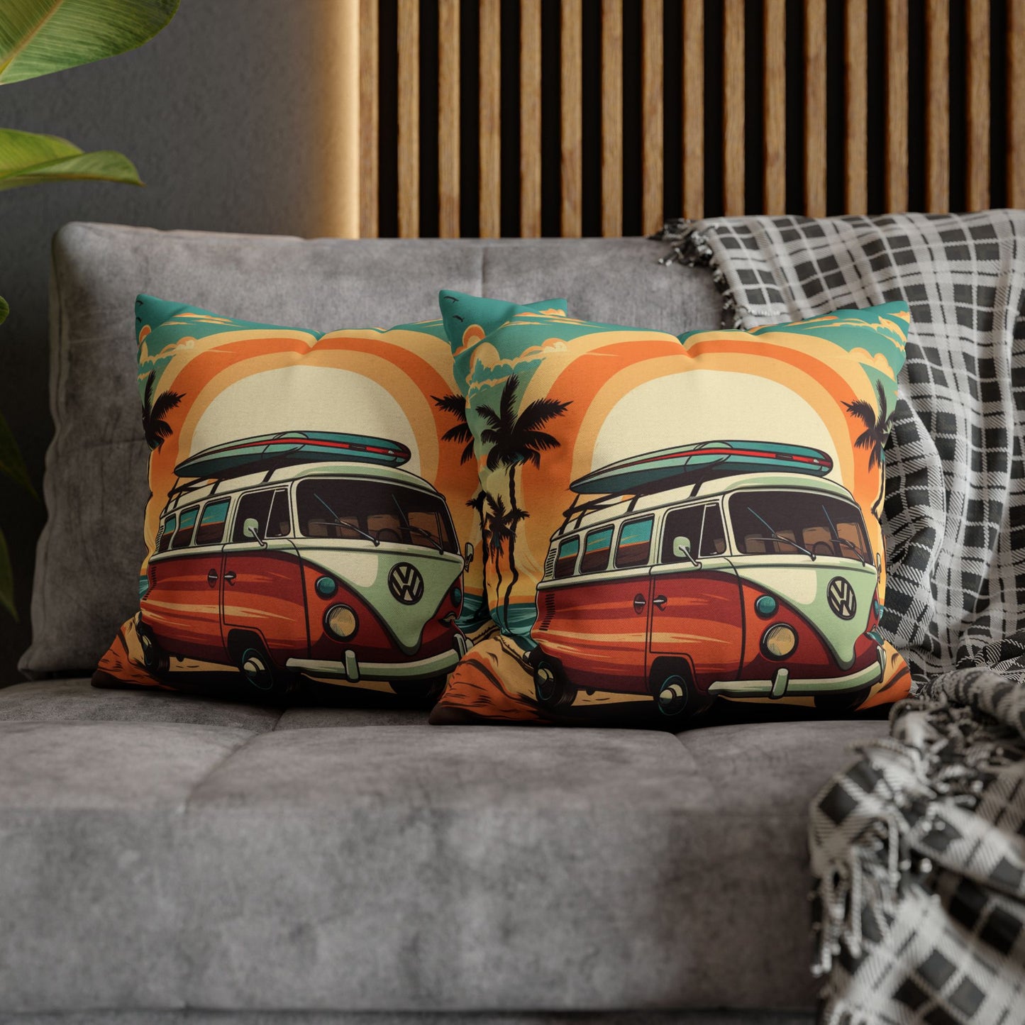 Retro Beach Camper Van - Sunset Surfboard Scene Spun Polyester Square Pillow Case