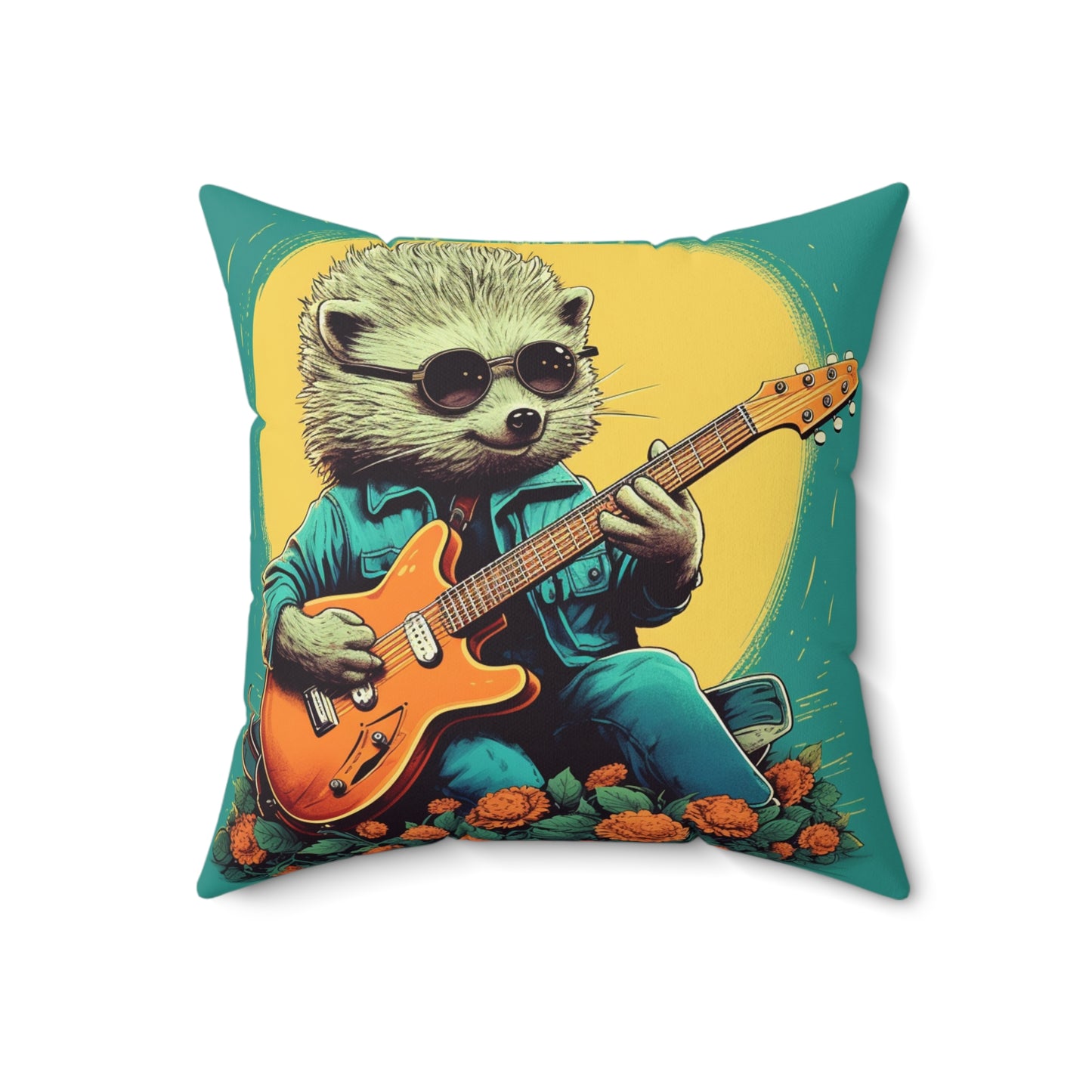 Hedgehog Rock Star Classic Animal Guitarist Graphic Spun Polyester Square Pillow