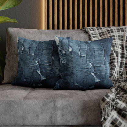 Distressed Blue Denim-Look: Edgy, Torn Fabric Design - Spun Polyester Square Pillow Case