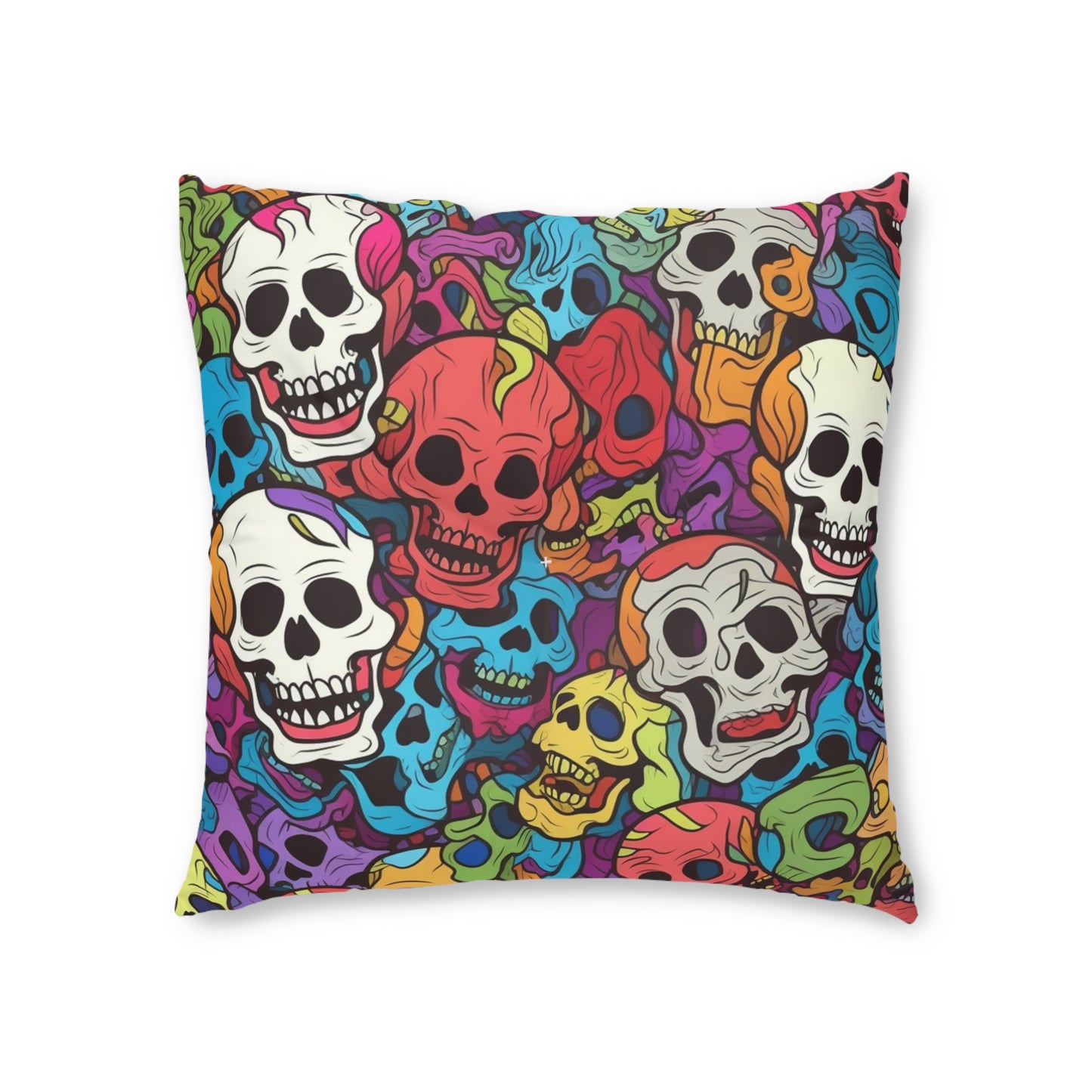 Psychedelic Rainbow Skull Head Pattern, Vibrant Colors - Tufted Floor Pillow, Square