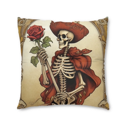 Death Card Tarot - Skeleton, Rose, and Transformation Journey - Tufted Floor Pillow, Square