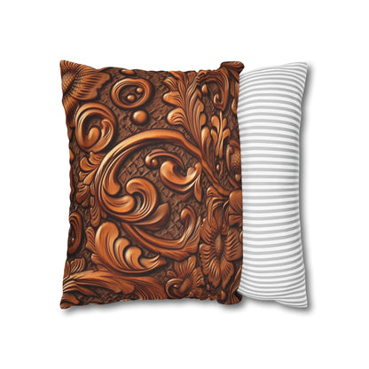 Leather Flower Cognac Classic Brown Timeless American Cowboy Design - Spun Polyester Square Pillow Case