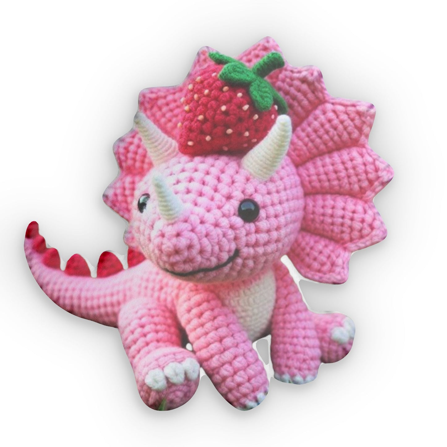 Crochet Strawberry Pink Triceratops Plush, Shaped Pillow