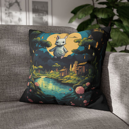 White Rabbit Mystery Psychedelic Fantasy Anime Cartoon Bunny - Spun Polyester Square Pillow Case