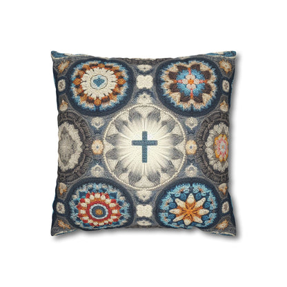 Bohemian Crochet Mandala with Centered Christian Cross - Earthy Tones Mosaic - Spun Polyester Square Pillow Case