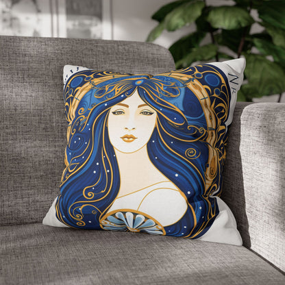 Virgo Zodiac Circular Symmetry in Gold Royal Blue - Spun Polyester Square Pillow Case