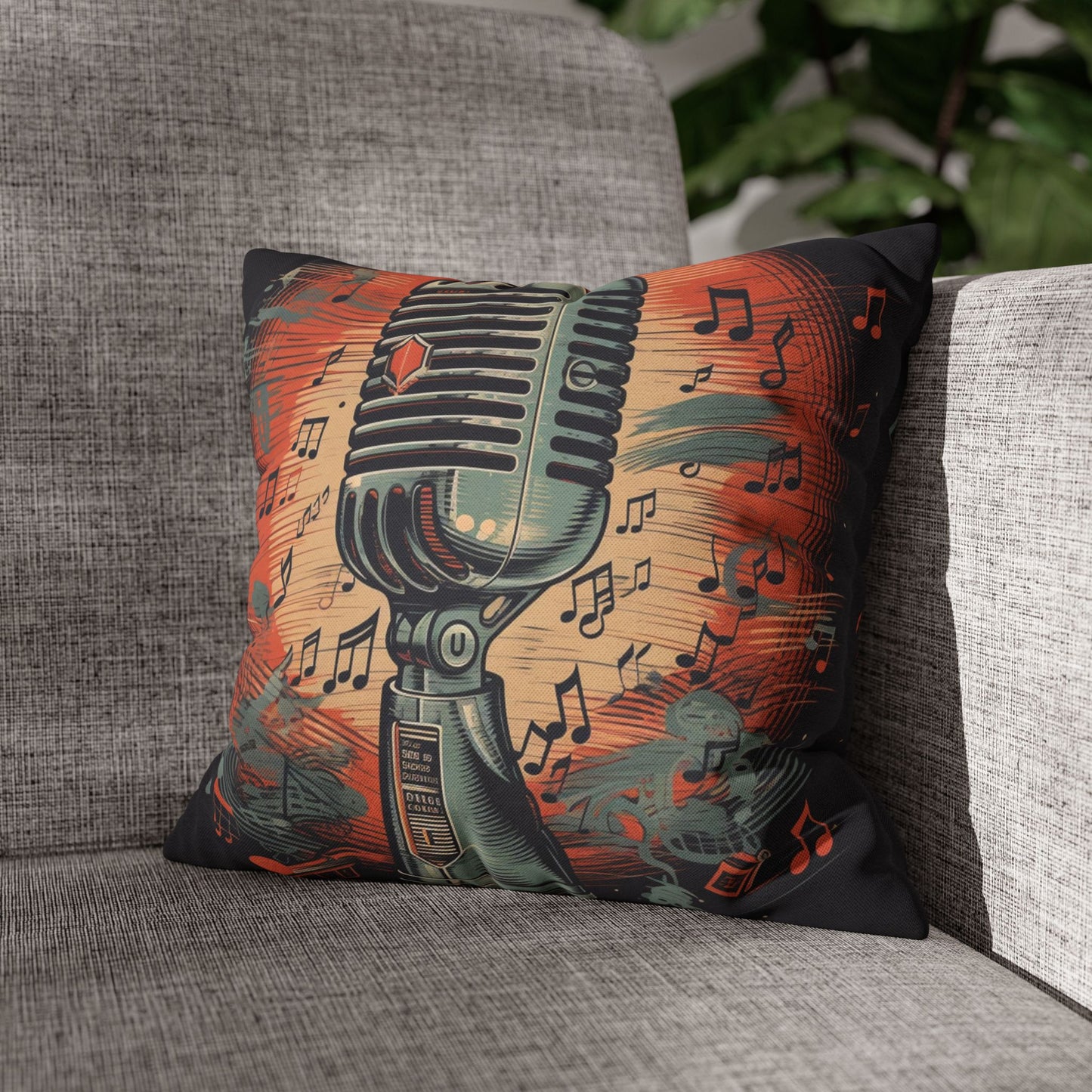 Retro Microphone & Music Notes - Vintage Style Design Spun Polyester Square Pillow Case