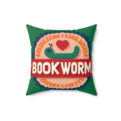 Crochet Bookworm Illustration: Cozy Reader Embroidered Patch Design - Ideal for Bibliophile - Spun Polyester Square Pillow