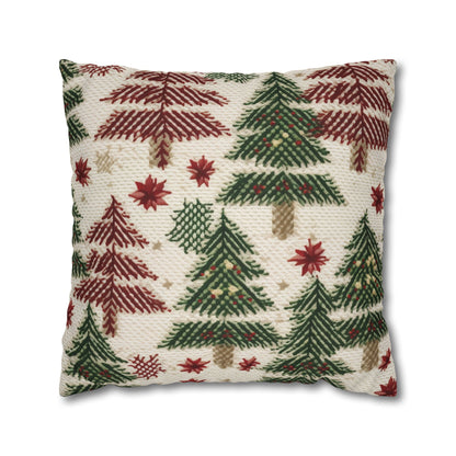 Embroidered Christmas Winter, Festive Holiday Stitching, Classic Seasonal Design - Spun Polyester Square Pillow Case