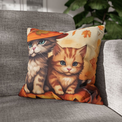 Kitty Cat Kittens Halloween - Cute Furries on Pumpkin - Festive Feline Decor - Spun Polyester Square Pillow Case