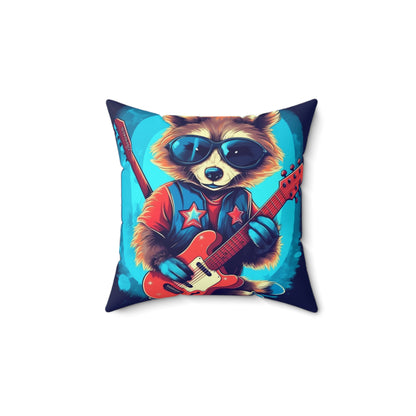 Rock Star Raccoon - Animal Musician Playing Guitar Spun Polyester Square Pillow