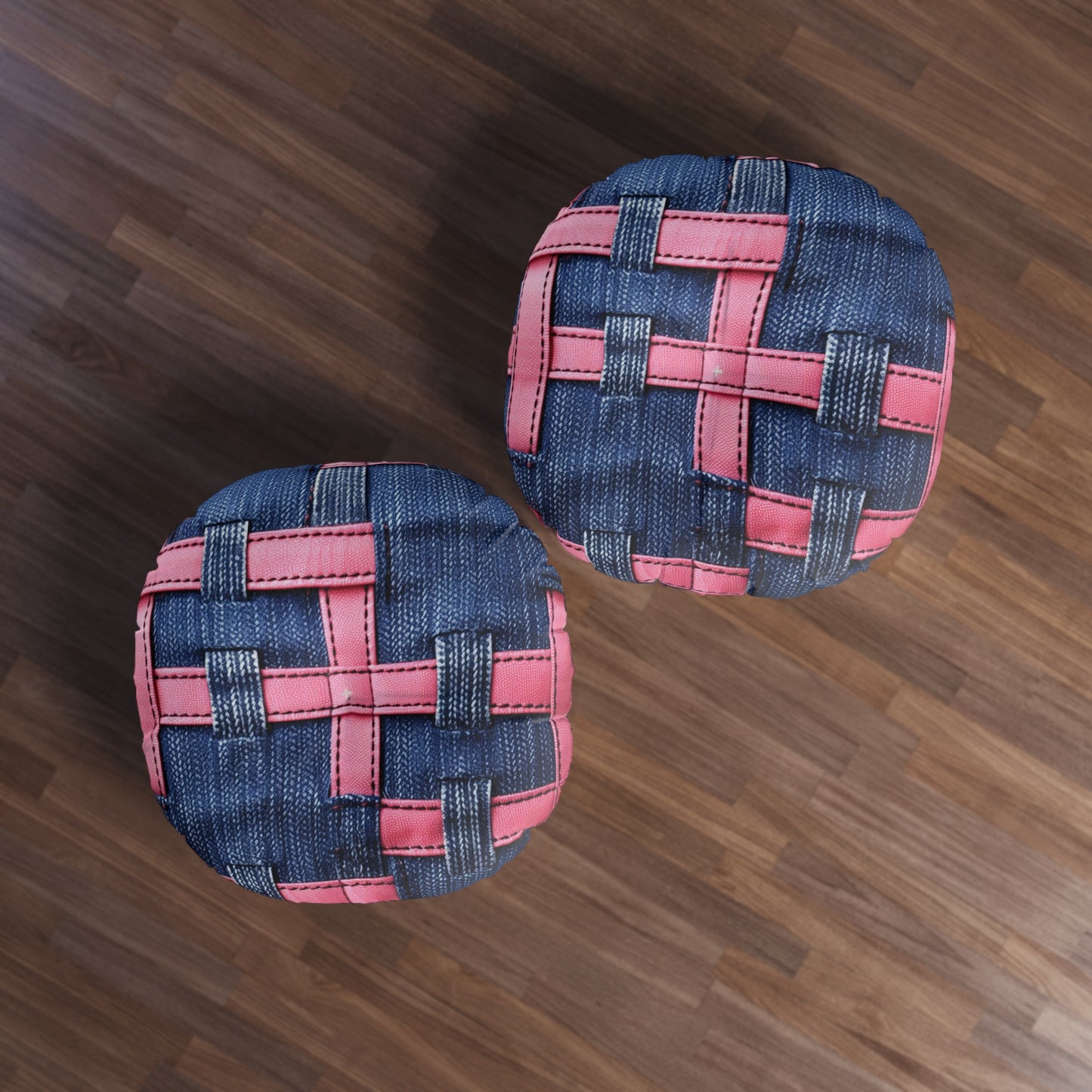 Candy-Striped Crossover: Pink Denim Ribbons Dancing on Blue Stage - Tufted Floor Pillow, Round