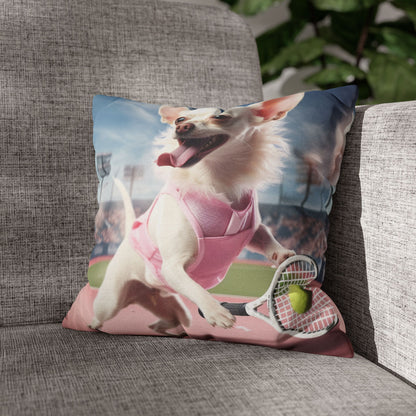 Chihuahua Tennis Ace: Dog Pink Outfit, Court Atheletic Sport Game - Spun Polyester Square Pillow Case