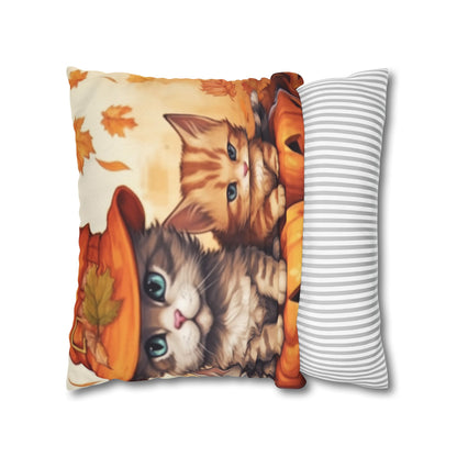 Kitty Cat Kittens Halloween - Cute Furries on Pumpkin - Festive Feline Decor - Spun Polyester Square Pillow Case